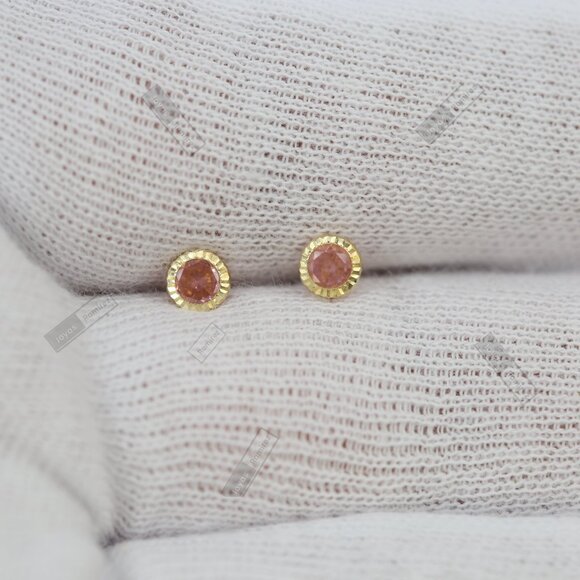 14K Solid Yellow Gold Round Pink CZ Stud Earrings • 4mm Feminine Elegant Design. - Picture 8 of 9